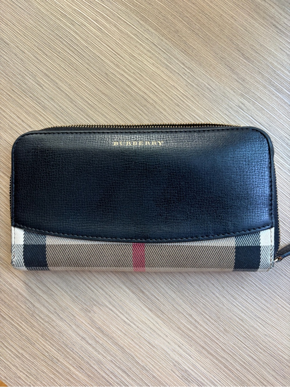 Burberry Black Leather & Beige Check Zip Wallet with Red Stripe